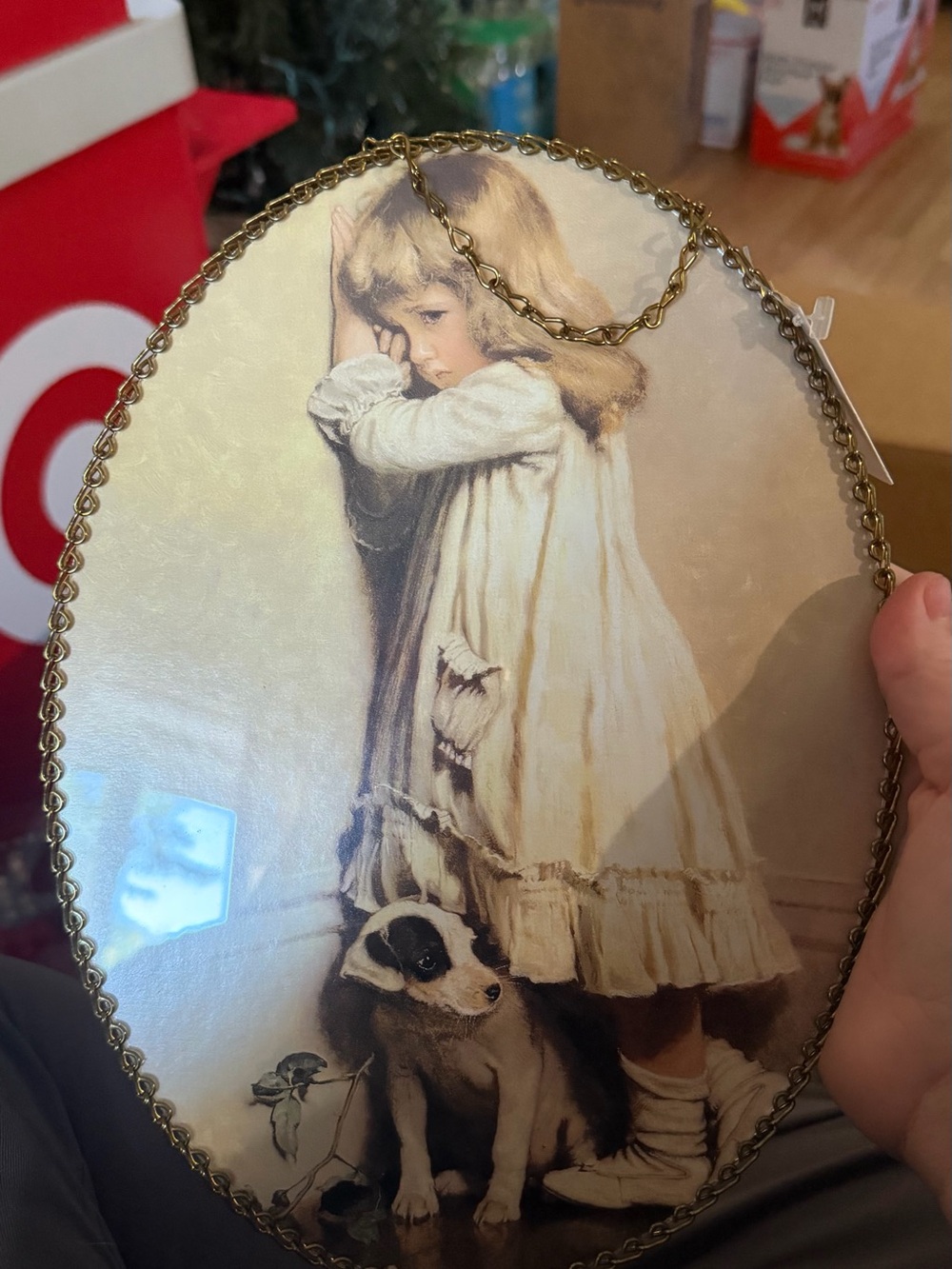 Vintage-Inspired Oval Wall Art Plaque in Cream with Girl and Puppy